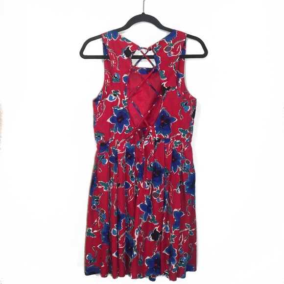 Anthropologie Red Floral Lace Up Back Pleate Dress - Picture 10 of 11